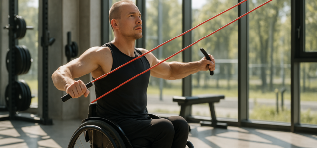 Off-Ice-Training: Wie Rollstuhlcurler die Sommerpause nutzen Rollstuhlcurler trainiert mit Therabaendern im hellen Trainingsraum
