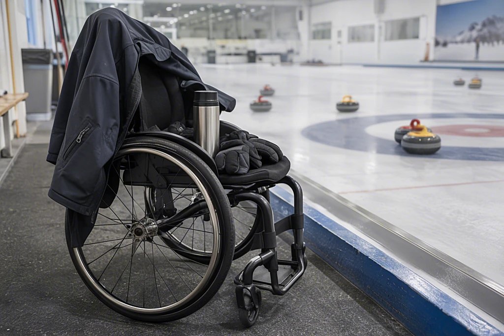 Sportrollstuhl am Rand einer Curlingbahn mit Jacke, Handschuhen und Thermoskanne